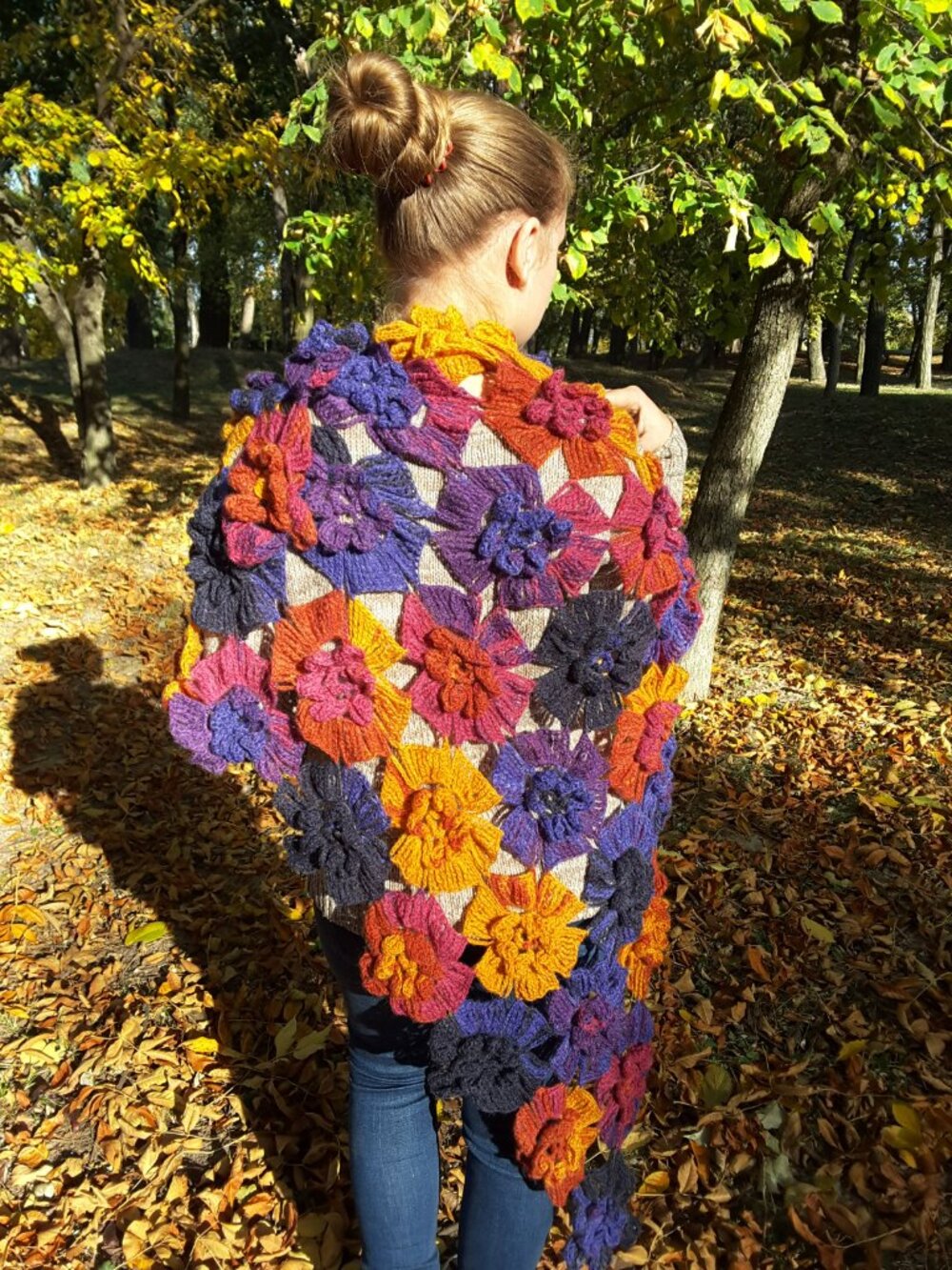 Handmade Crochet 3D Floral Shawl Multicolor Angora Blend Boho Wrap